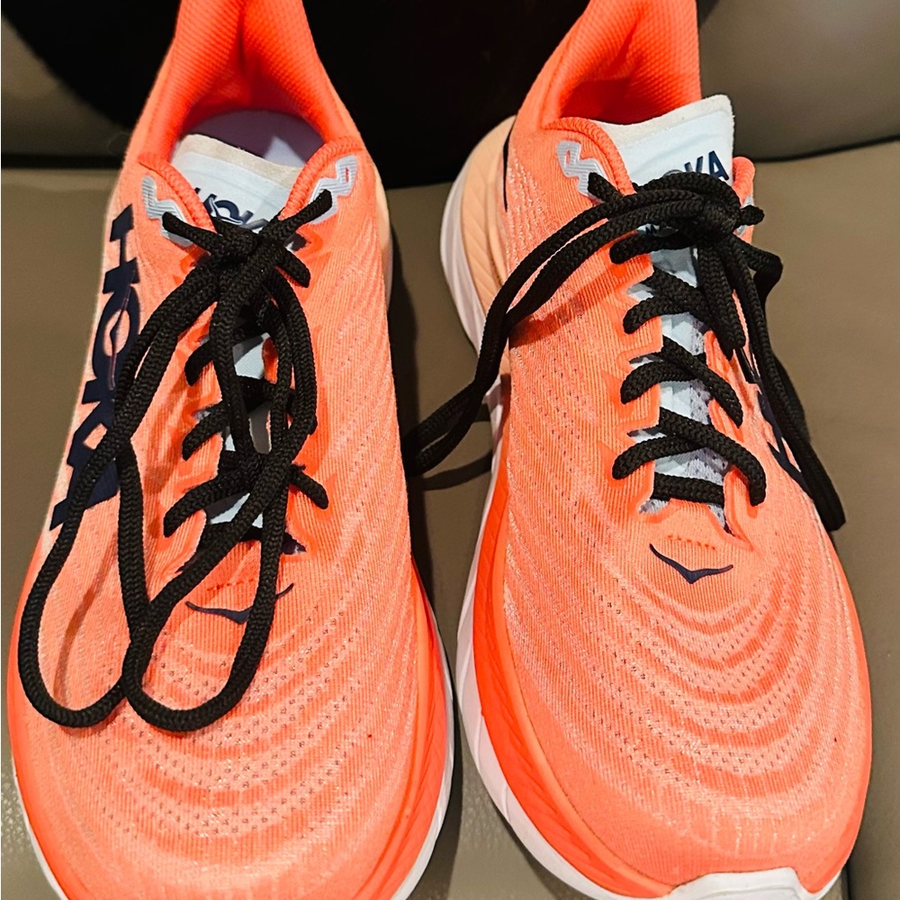 Hoka Coral-Orange Running Shoes with Black Laces